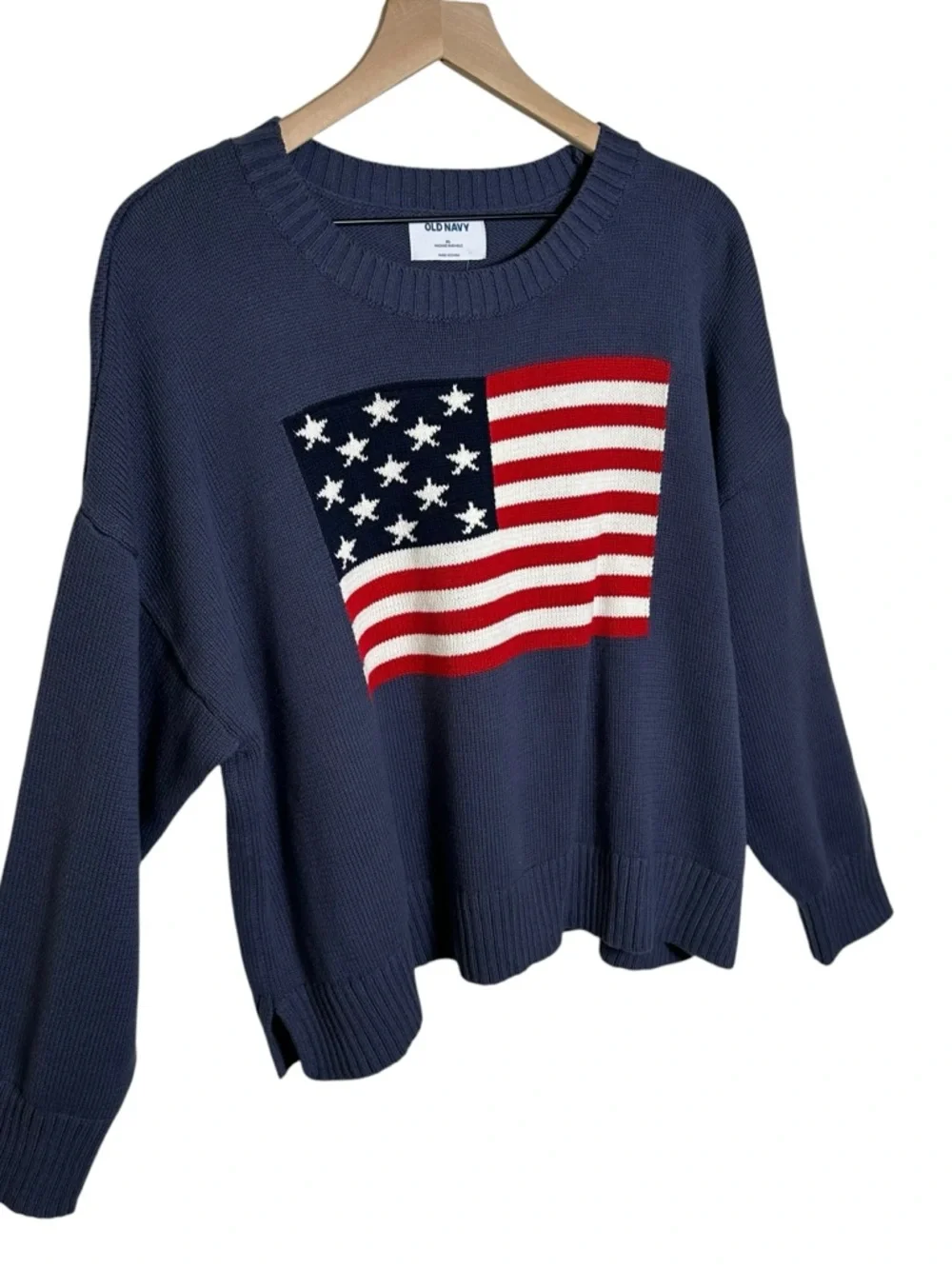 Old Navy NWT Women Crew Neck American Flag Sweater XL Knit Navy Blue USA Coastal - Picture 4 of 10
